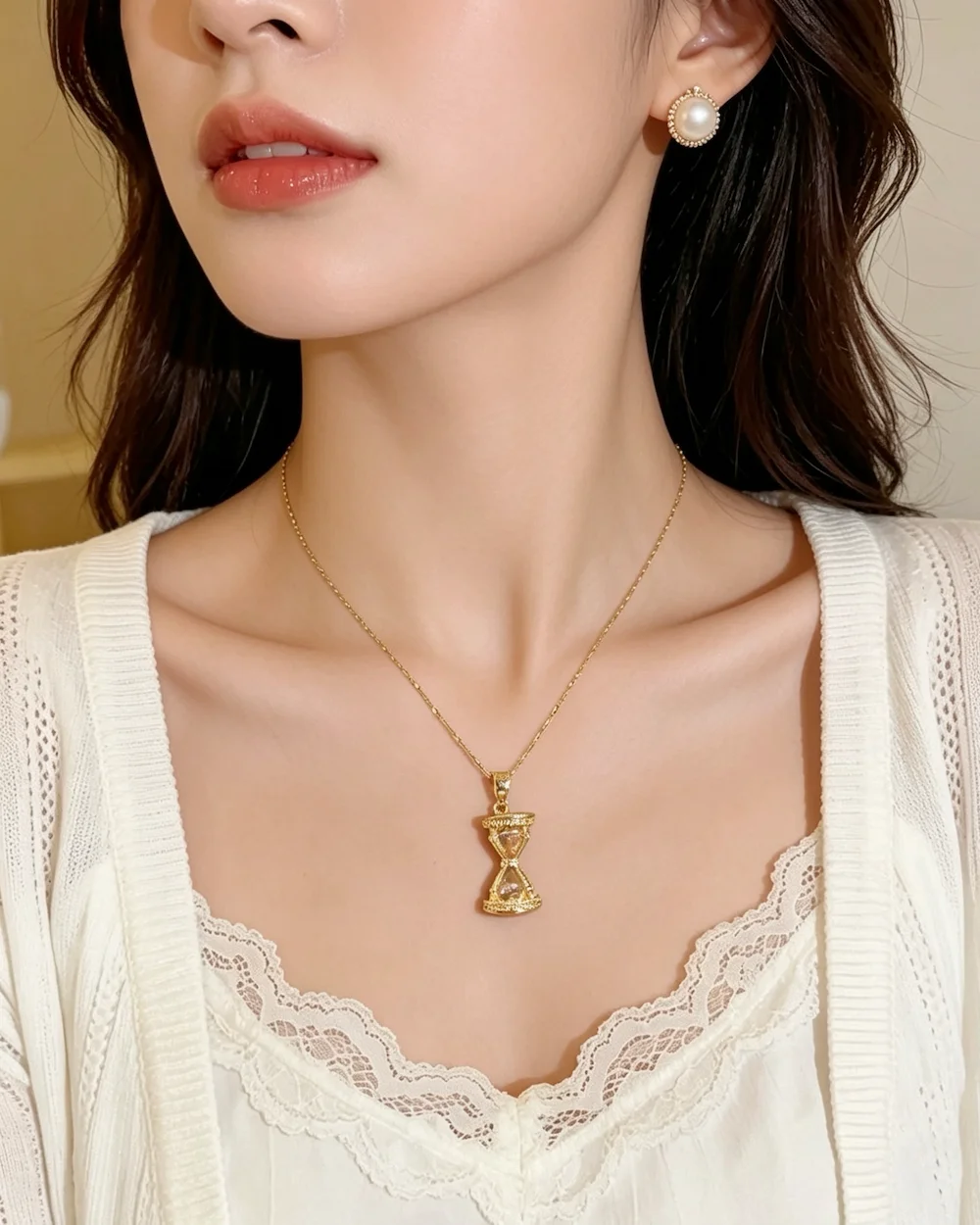Eternal Sands Hourglass Zircon Inlaid Copper and Titanium Steel Necklace